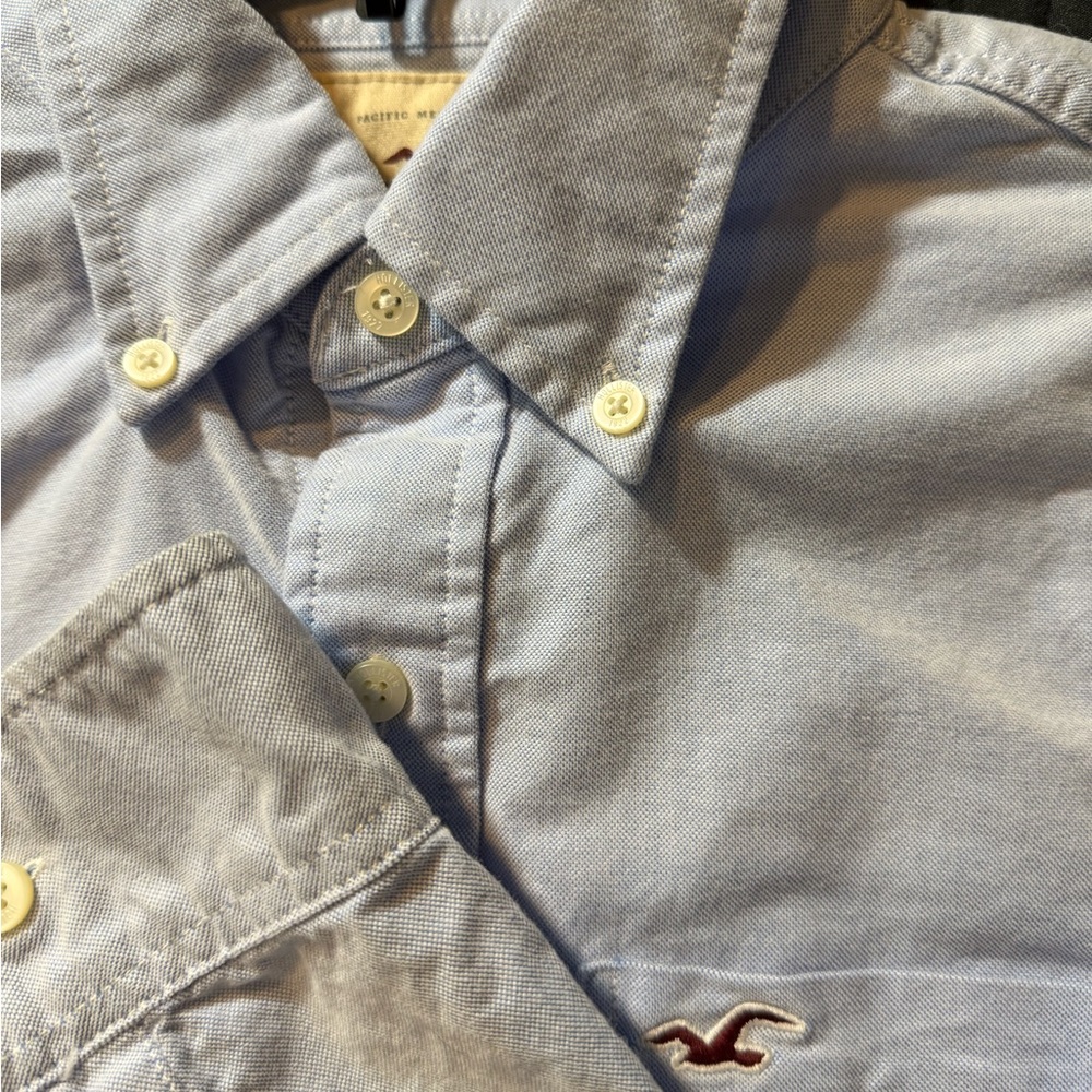Hollister Light Blue Men's S Embroidered Logo Collared Long Sleeve Flannel Y2K
